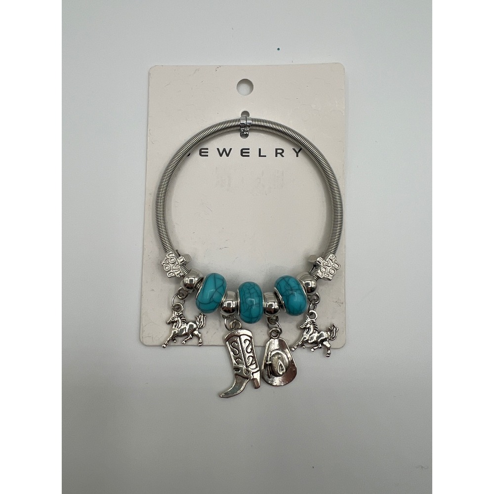 Chloe Accessory Western Charm Bracelet Turquoise Beads Horse Boot Hat Silver